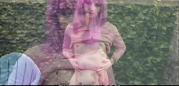  Purple-haired nympho Valerie Steele bounces her phat booty and petite body off JMacs cock after sucking it like a candy. Slim teen rides hard and gets fucked harder before smiling when she gets a face full of warm jizz.
